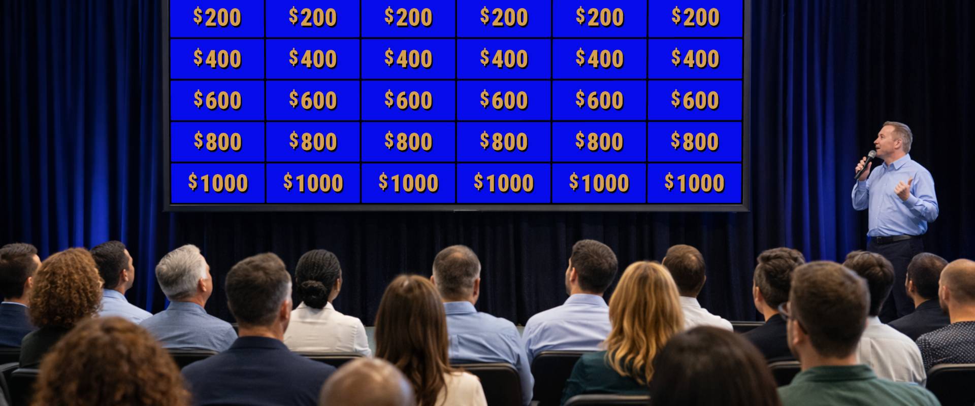 Employees attending a company event seated in rows and watching a presentation on a large projected screen
