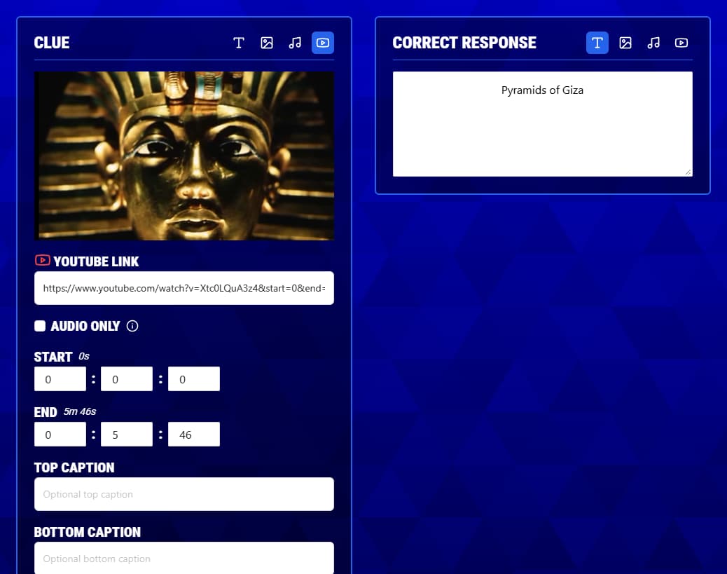 YouTube video preview and playback controls in the Buzzinga clue editor