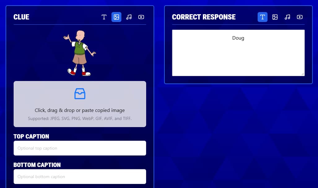 Image upload and caption fields in the Buzzinga clue editor