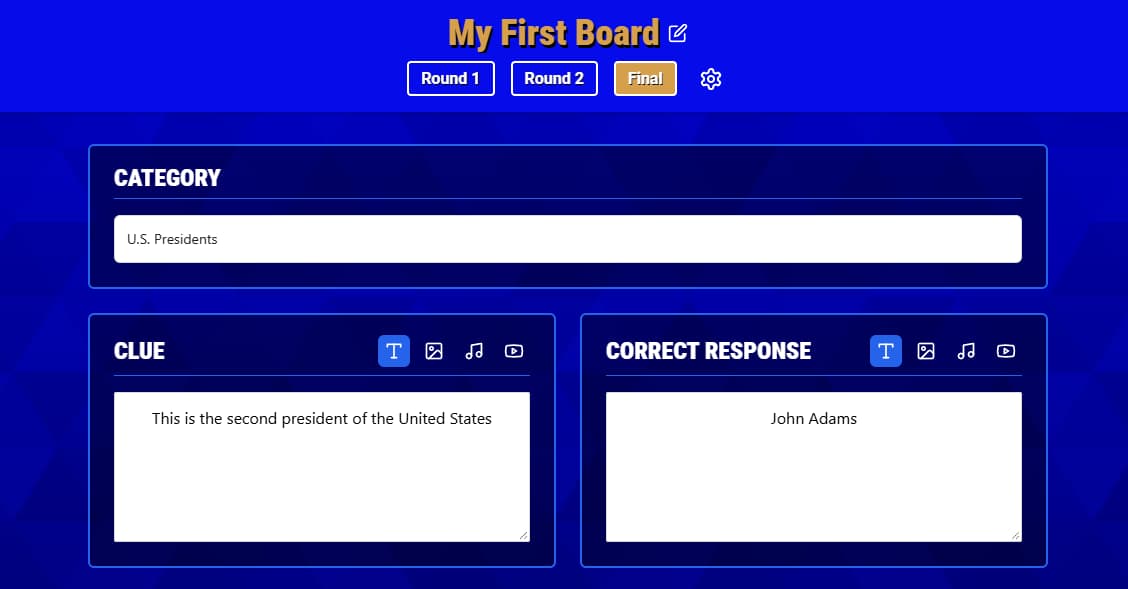 Final round editor with the Category, Clue, and Correct Response fields completed