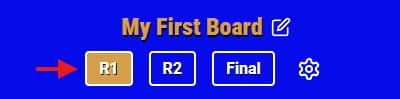 R1, R2, and Final round selectors at the top of the Buzzinga board editor