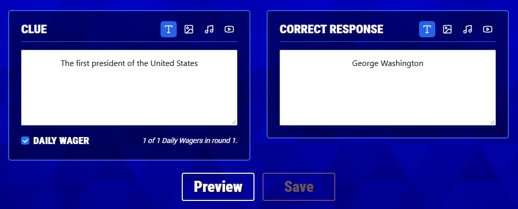 Buzzinga clue editor with the Daily Wager option turned on