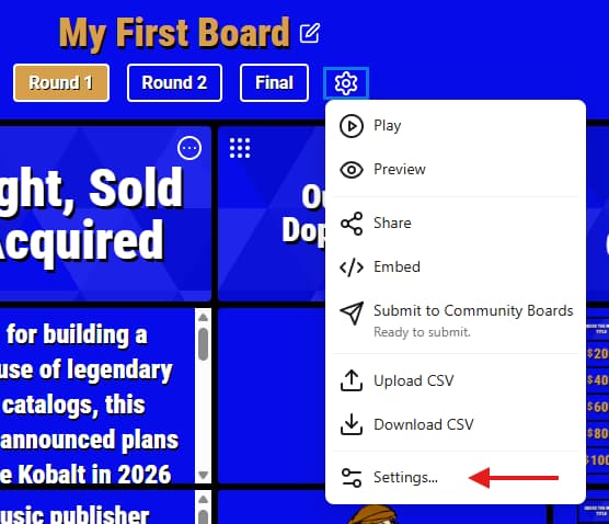 Settings option in the Buzzinga board editor gear menu