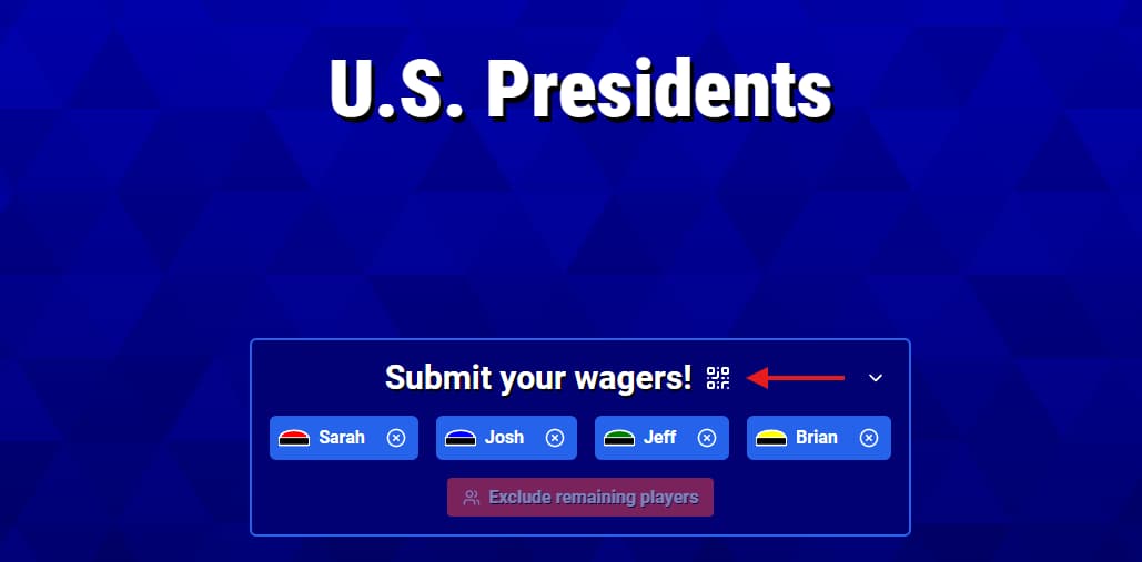 Final Wager Round controls showing the QR-code icon in the Submit your wagers box