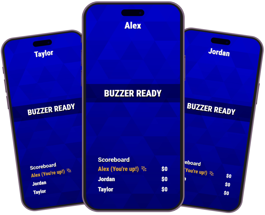 Three smartphones ready to use as Buzzinga buzzers